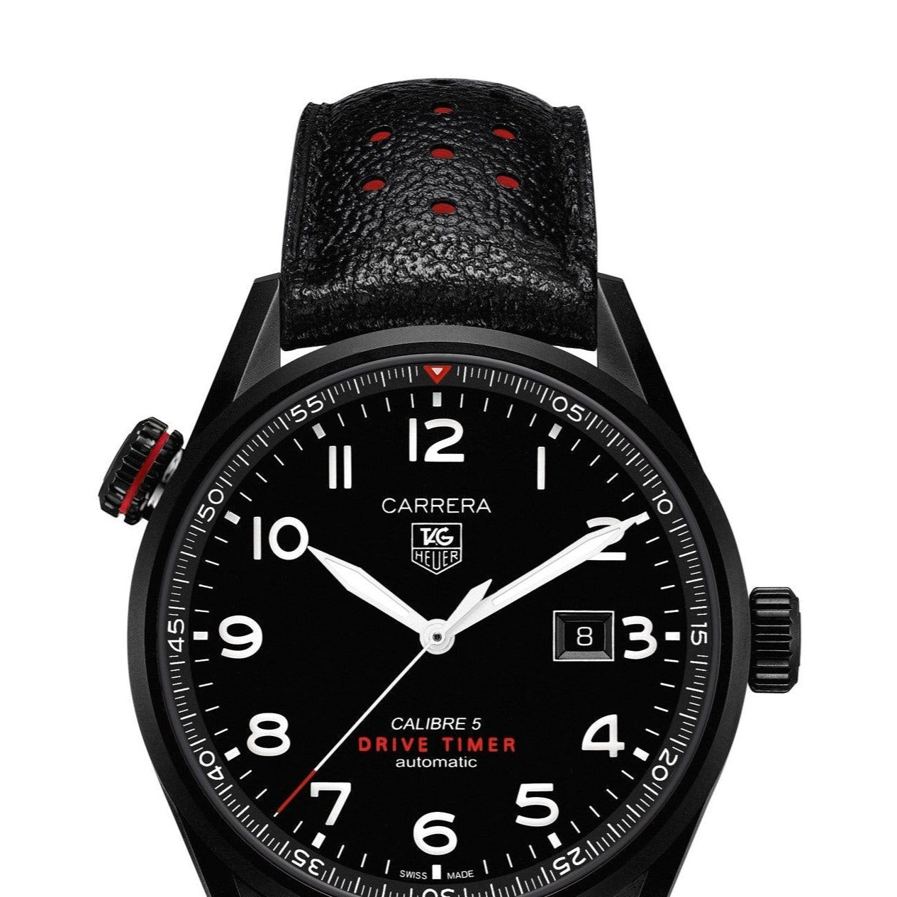 Tag Heuer Carrera Calibre 5 Drive Timer Black Dial Black Leather Strap Watch for Men - WAR2A80.FC6337