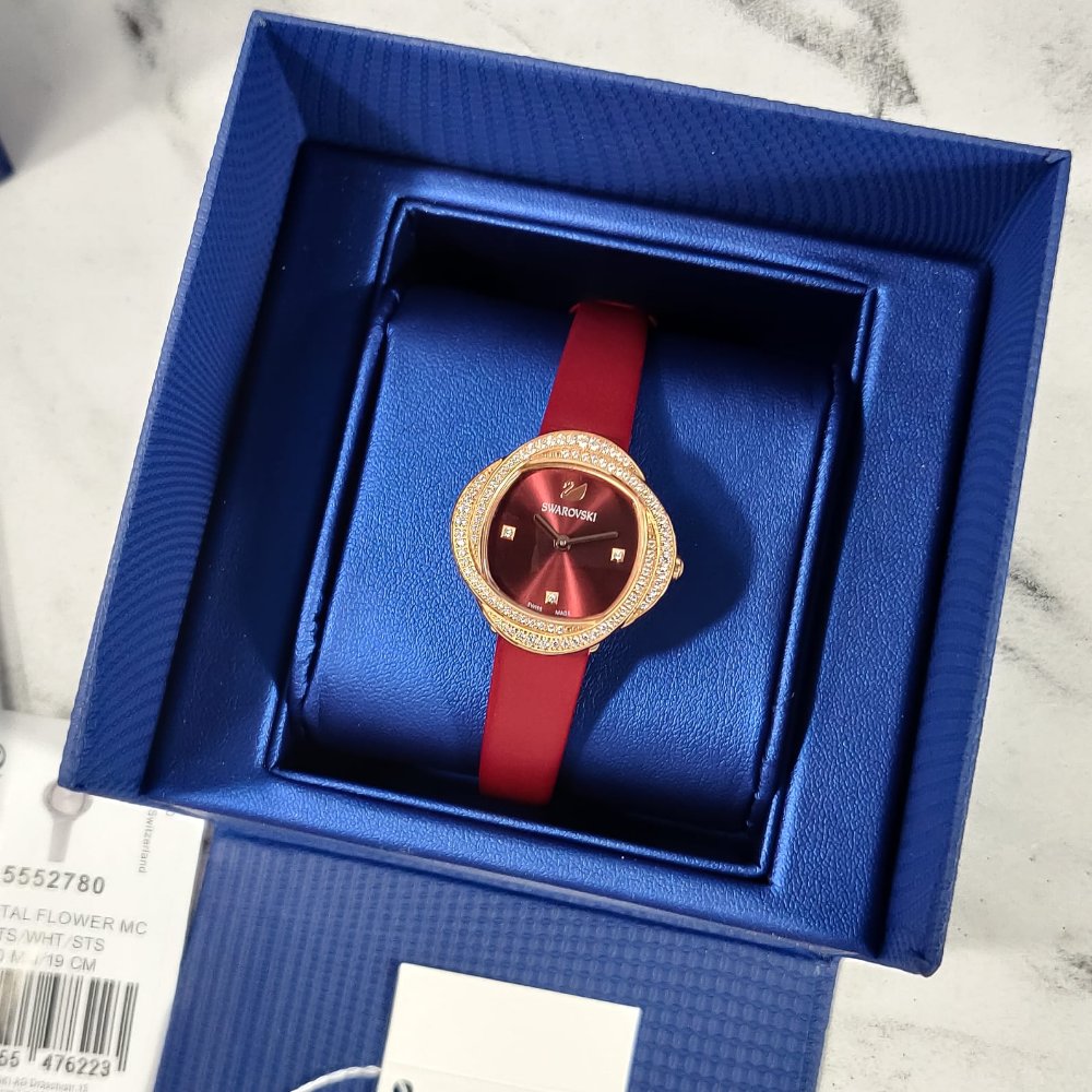 Swarovski Crystal Flower Red Dial Red Leather Strap Watch for Women - 5552780