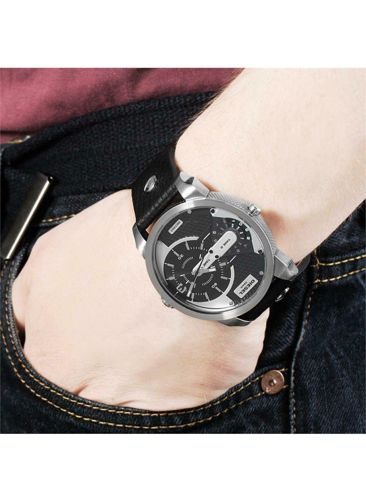 Diesel Mini Daddy Black Dial Black Leather Strap Watch For Men - DZ7307