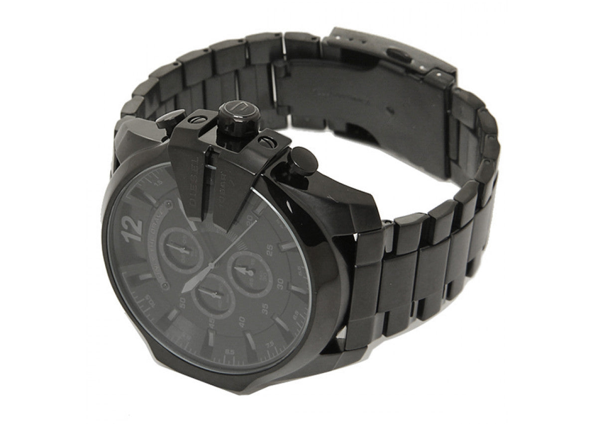 Diesel Mega Chief Chronograph Black Dial Black Steel Strap Watch For Men - DZ4355