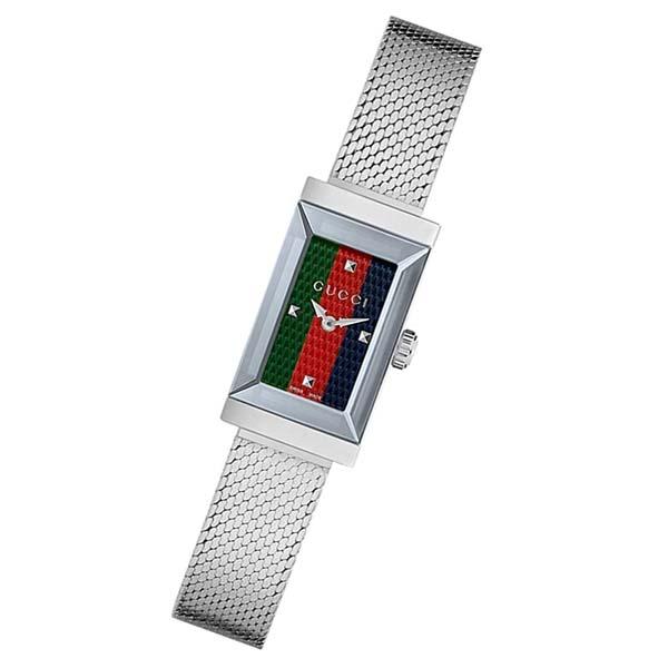 Gucci G Frame Quartz Diamonds Green & Red Mother of Pearl Dial Silver Mesh Bracelet Watch For Women - YA147510
