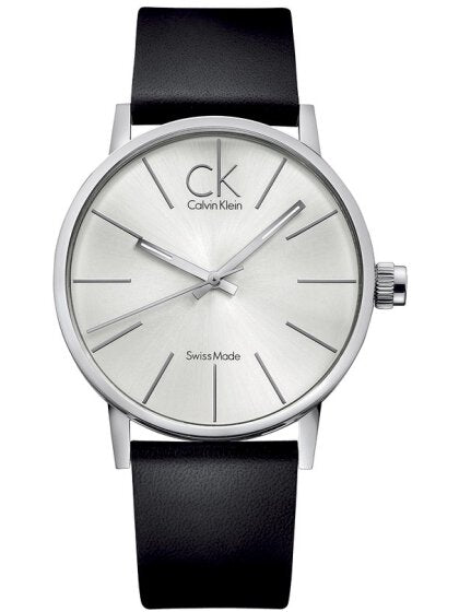Calvin Klein Post Minimal Silver Dial Black Leather Strap Watch for Men - K7621192