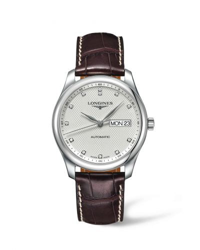 Longines Master Collection Automatic Diamonds Silver Dial Brown Leather Strap Watch for Men - L2.755.4.77.3