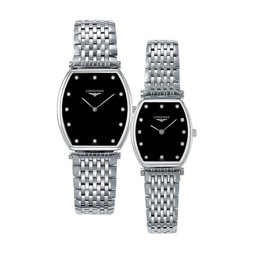 Longines La Grande Classique de Longines Tonneau Diamonds Black Dial Silver Steel Strap Watch for Women - L4.205.4.58.6
