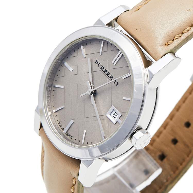 Burberry The City Beige Dial Beige Leather Strap Watch for Women - BU9107