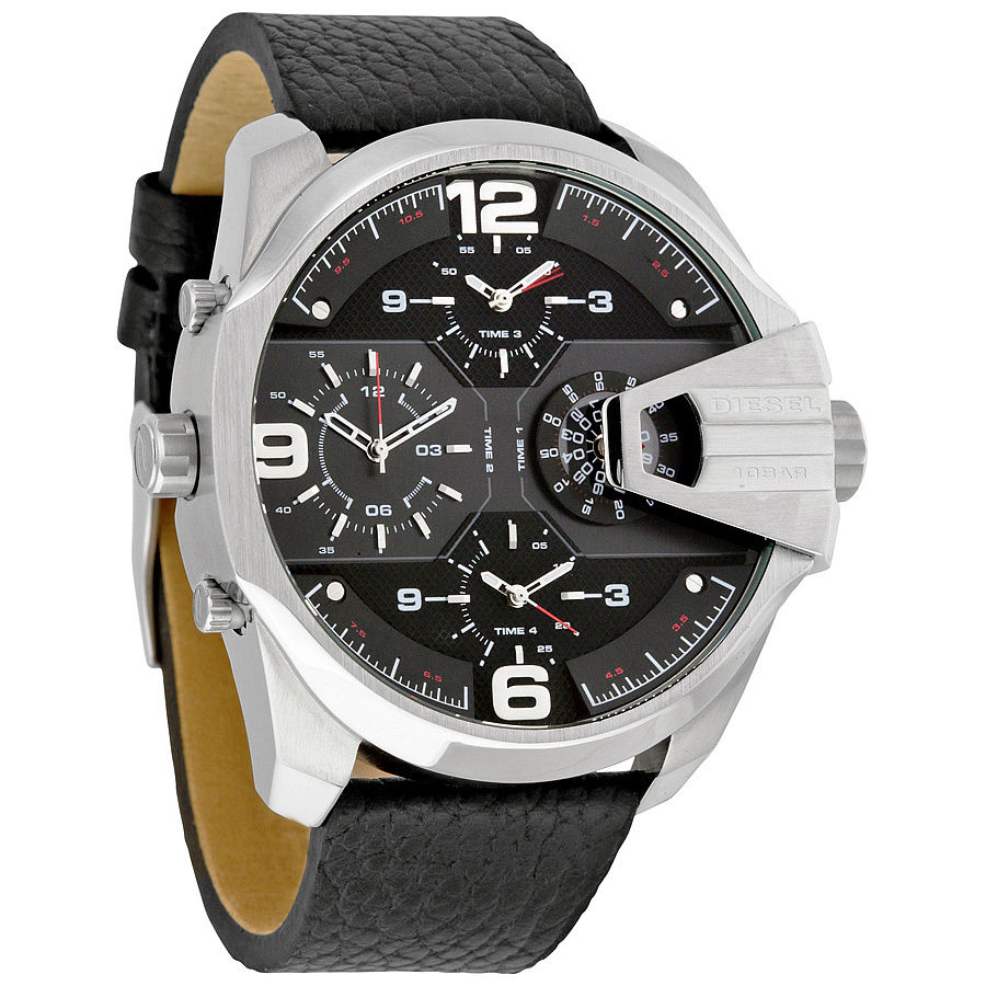 Diesel Uber Chief Oversized 4 Time Black Dial Black Leather Strap Watch For Men - DZ7376