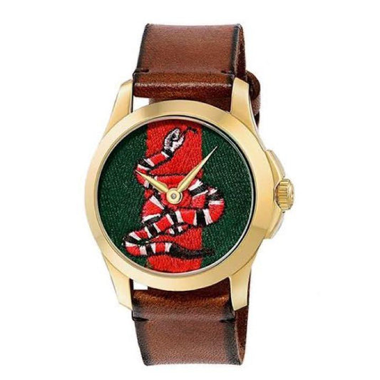 Gucci Le Marche Des Merveilles Green and Red Dial Brown Leather Strap Unisex Watch - YA1264012