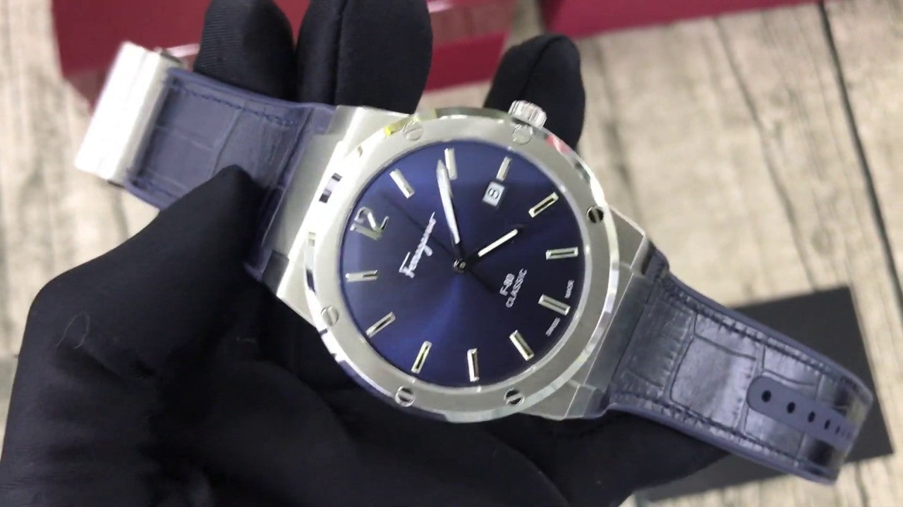 Salvatore Ferragamo F-80 Classic Blue Dial Blue Leather Strap Watch for Men - SFDT00319
