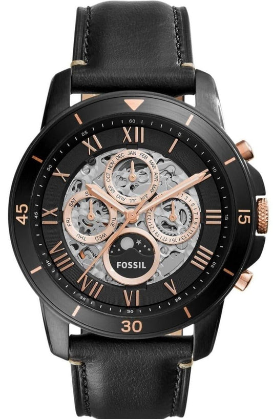Fossil Grant Sport Automatic Skeleton Black Dial Black Leather Strap Watch for Men - ME3138