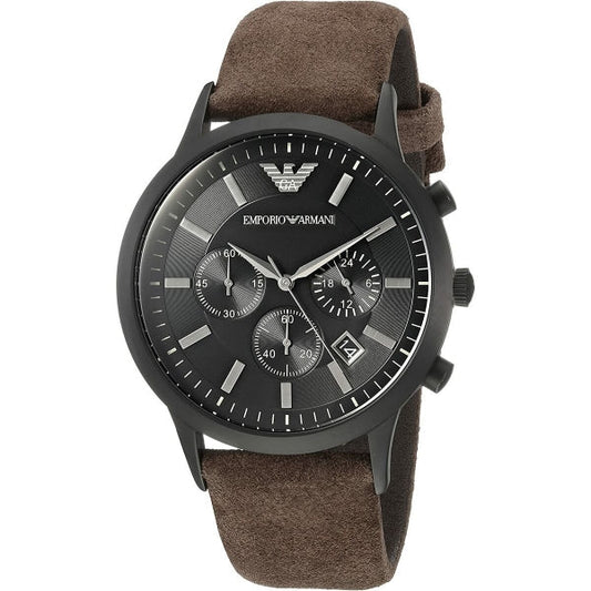 Emporio Armani Chronograph Black Dial Brown Leather Strap Watch For Men - AR11078