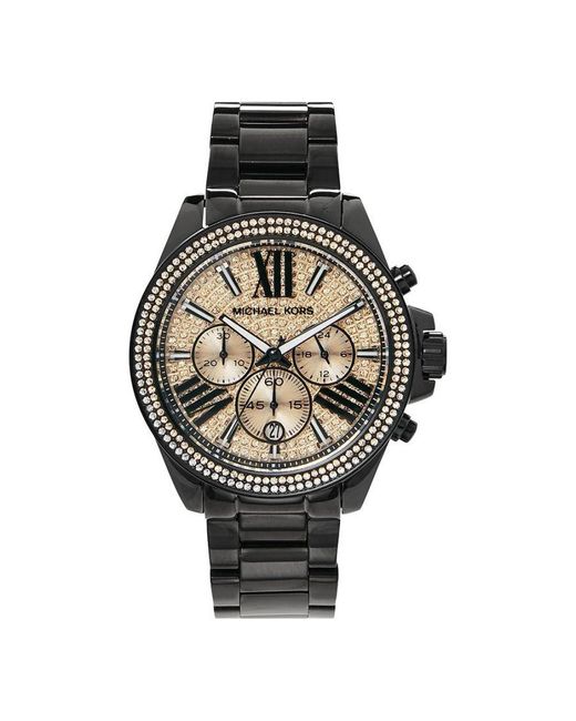 Michael Kors Wren Chronograph Diamonds Gold Dial Black Steel Strap Watch for Women - MK5879