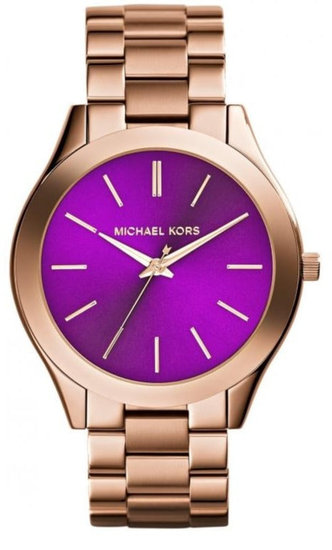 Michael Kors Slim Runway Purple Dial Rose Gold Steel Strap Watch for Women - MK3293
