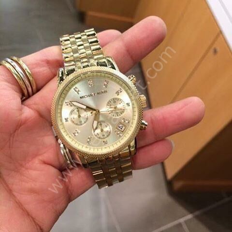 Michael Kors Ritz Chronograph Gold Dial Gold Steel Strap Watch for Women - MK5676