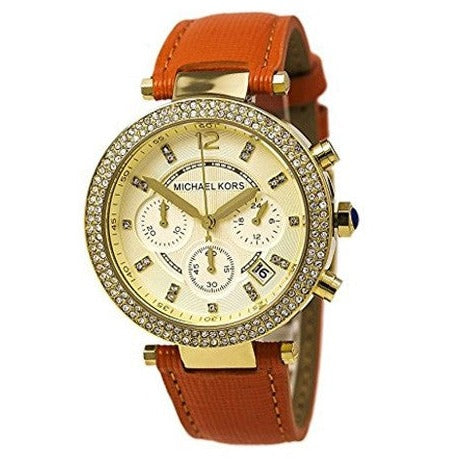 Michael Kors Parker Gold Dial Orange Leather Strap Watch for Women - MK2279