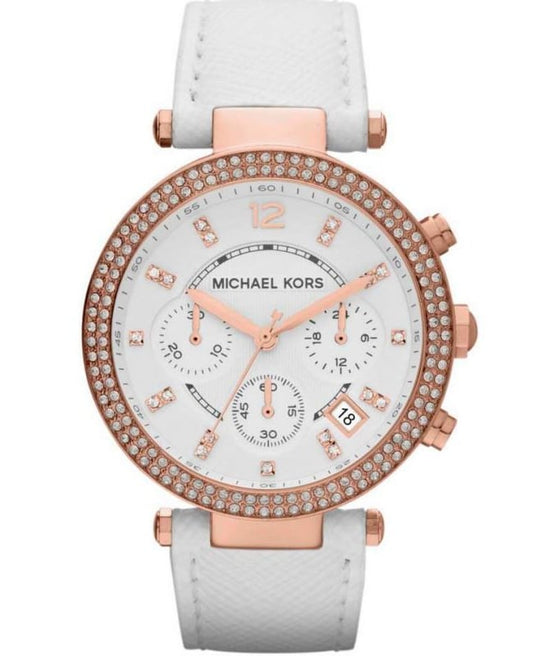 Michael Kors Parker Diamonds White Dial White Leather Strap Watch for Women - MK2281