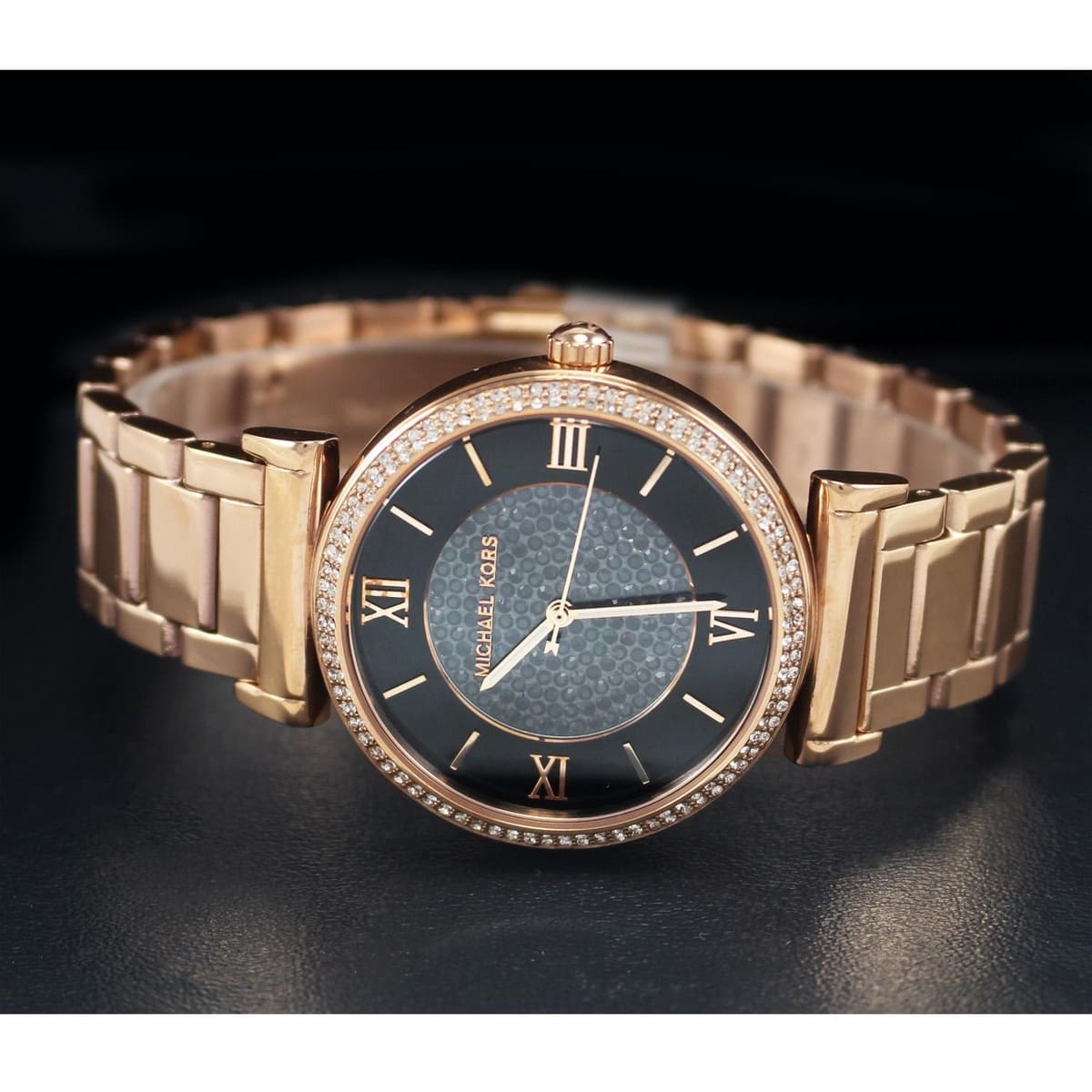 Michael Kors Catlin Diamonds Black Dial Rose Gold Steel Strap Watch for Women - MK3356