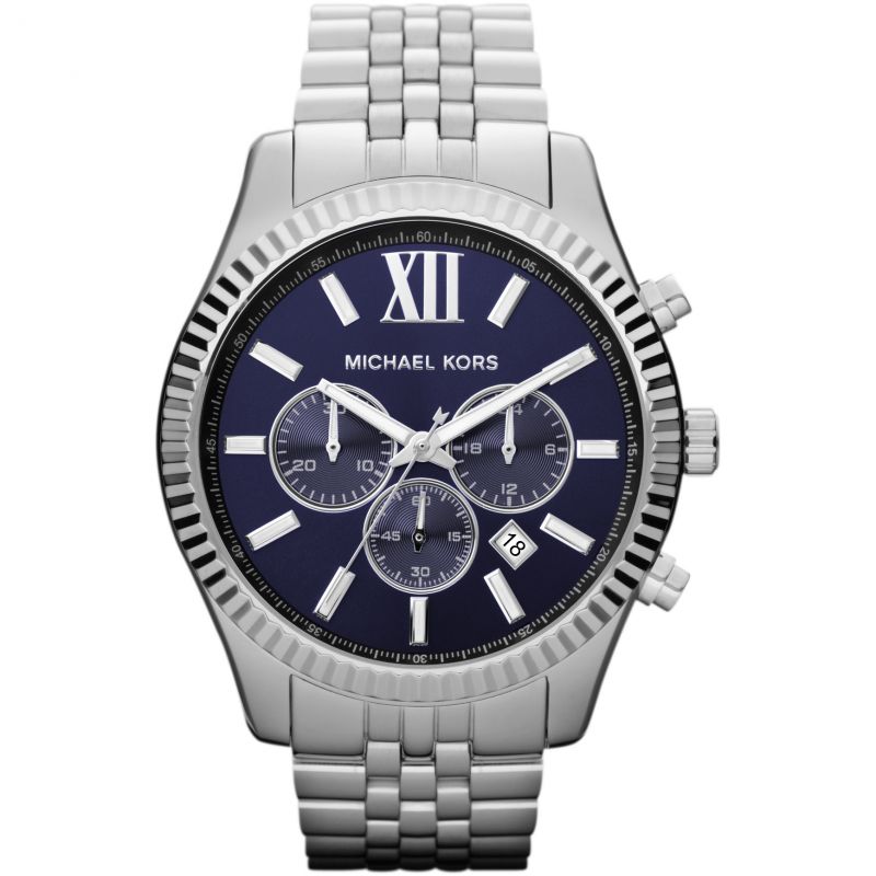 Michael Kors Lexington Chronograph Blue Dial Silver Steel Strap Watch for Men - MK8280