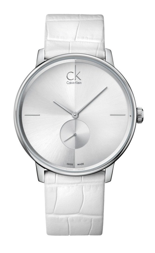 Calvin Klein Accent Silver Dial White Leather Strap Watch for Women - K2Y211K6