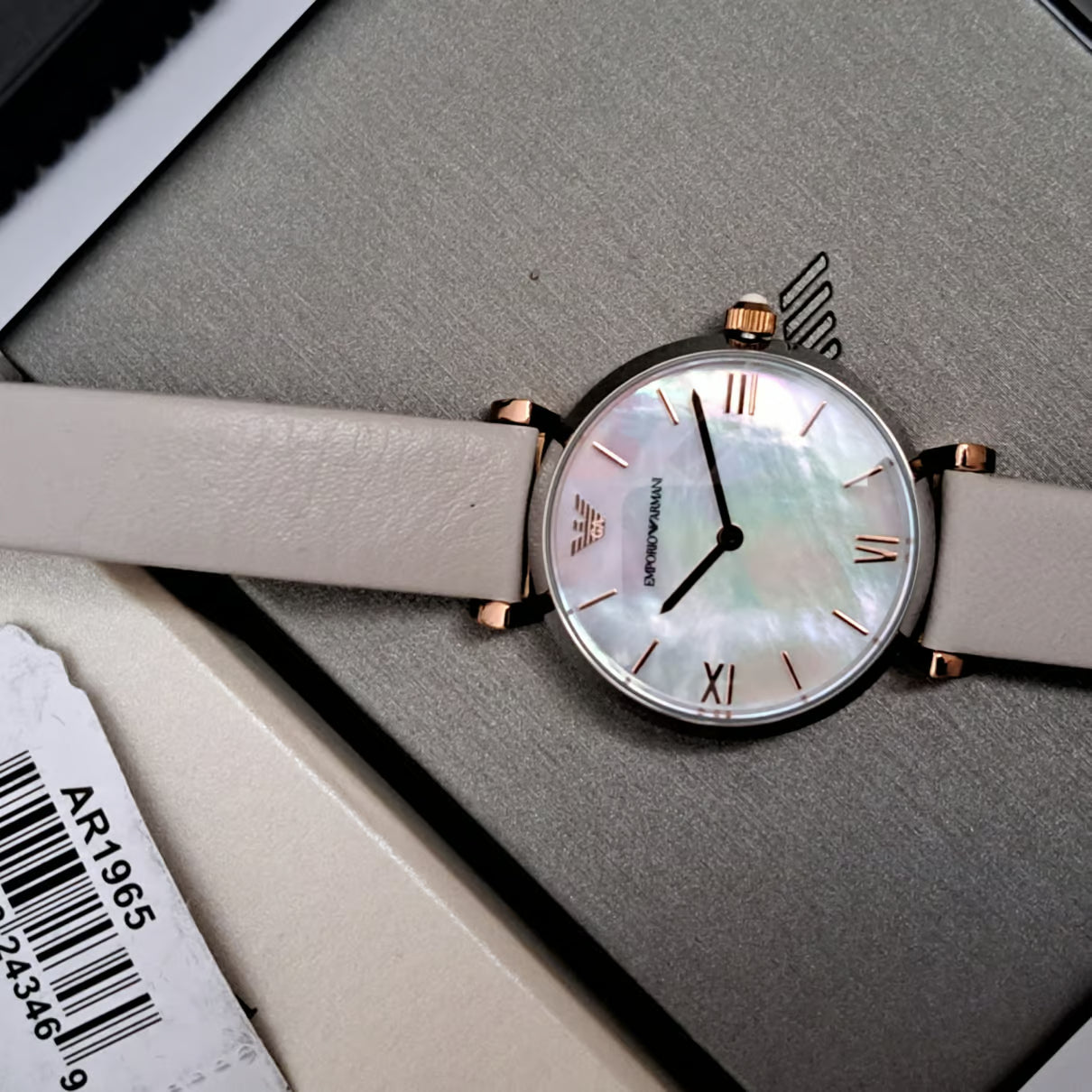 Emporio Armani Gianni T Bar Quartz Mother of Pearl Dial White Leather Strap Watch For Women - AR1965