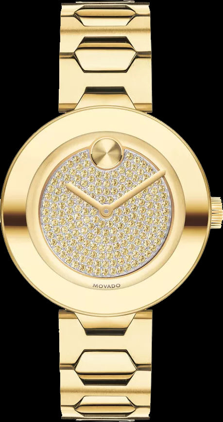 Movado Bold Crystal Gold Dial Gold Steel Strap Watch For Women - 3600492