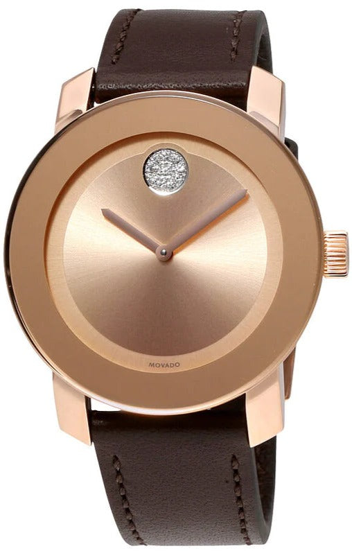 Movado Bold Rose Gold Dial Brown Leather Strap Watch for Men - 3600395