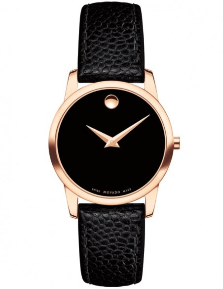 Movado Museum Classic Black Dial Black Leather Strap Watch For Women - 607061