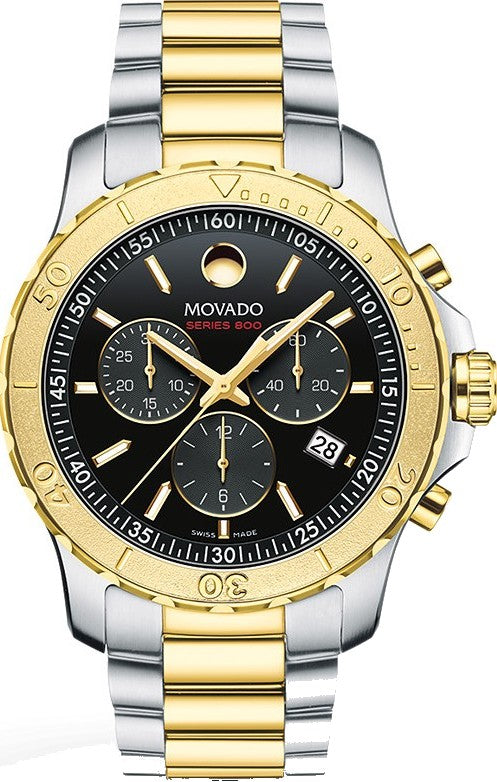 Movado Series 800 Chronograph Black Dial Two Tone Steel Strap Watch For Men - 2600138