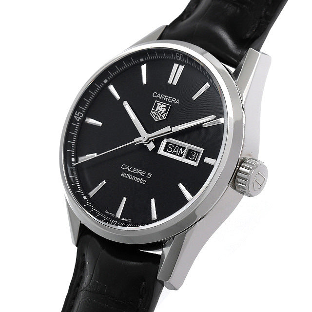 Tag Heuer Carrera Automatic Black Dial Black Leather Strap Watch for Men - WAR201A.FC6266
