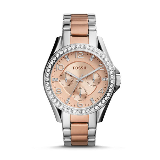 Fossil Riley Multifunction Rose Gold Dial Two Tone Steel Strap Watch for Women - ES4145