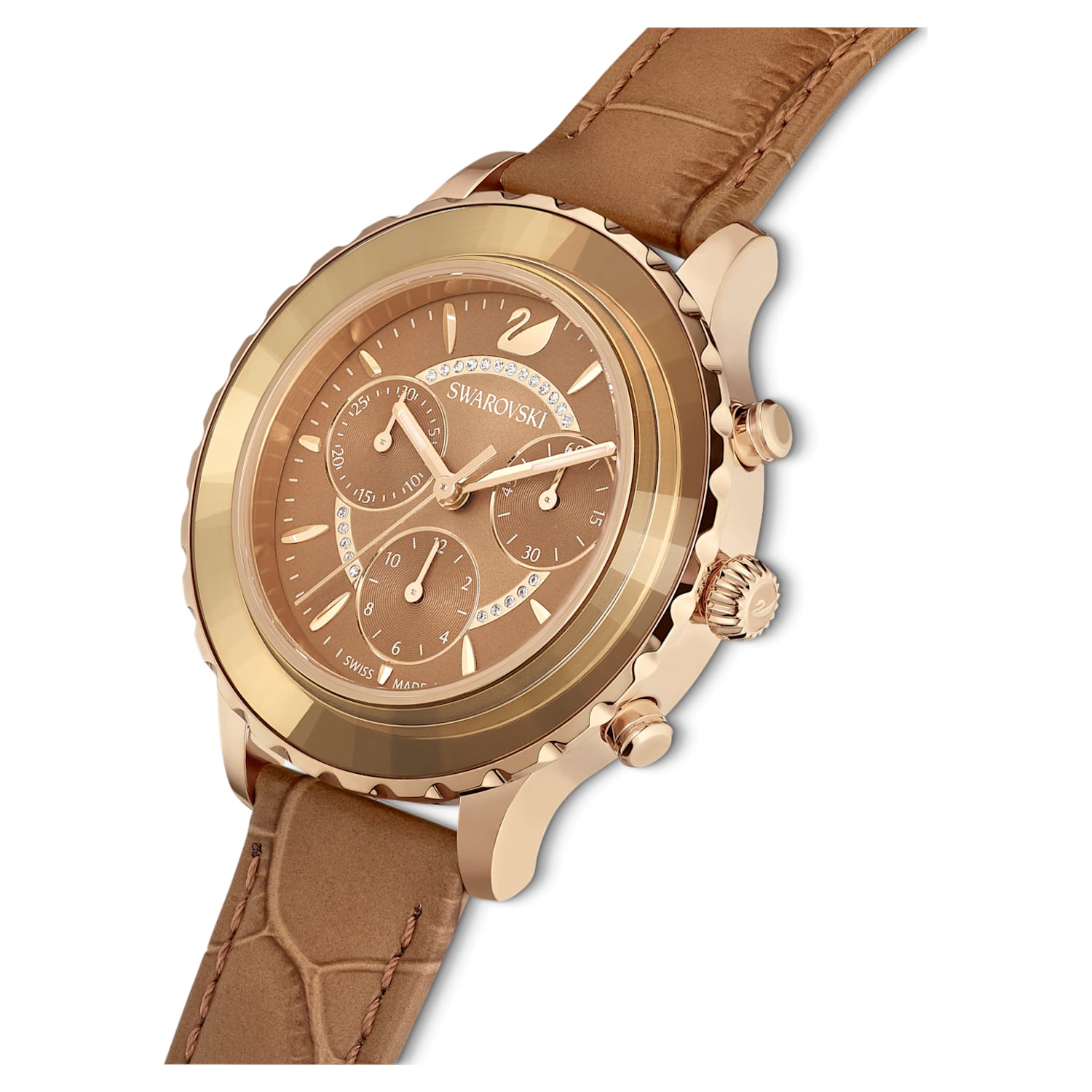 Swarovski Octea Lux Chrono Brown Gold Dial Brown Leather Strap Watch for Women - 5632260