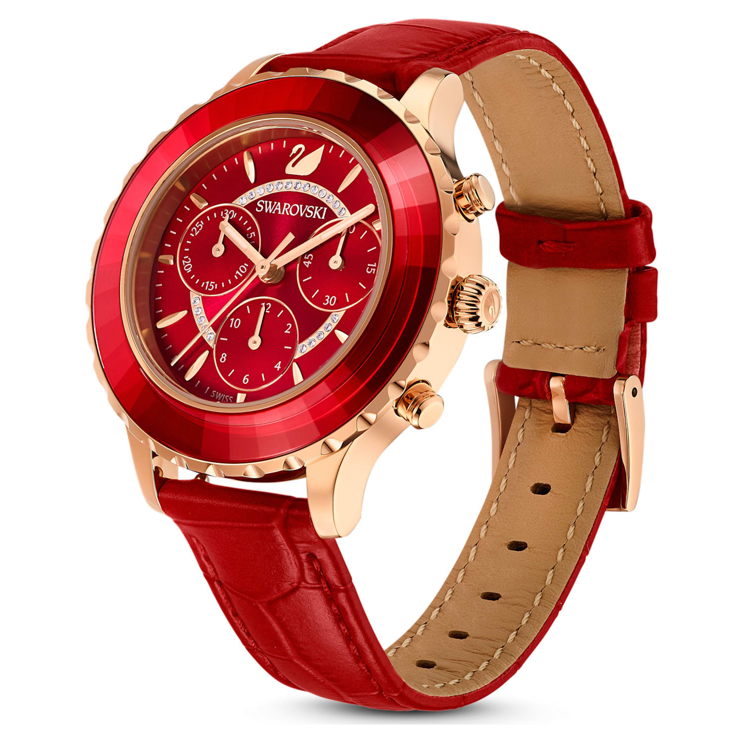 Swarovski Octea Lux Chrono Red Dial Red Leather Strap Watch for Men - 5646975