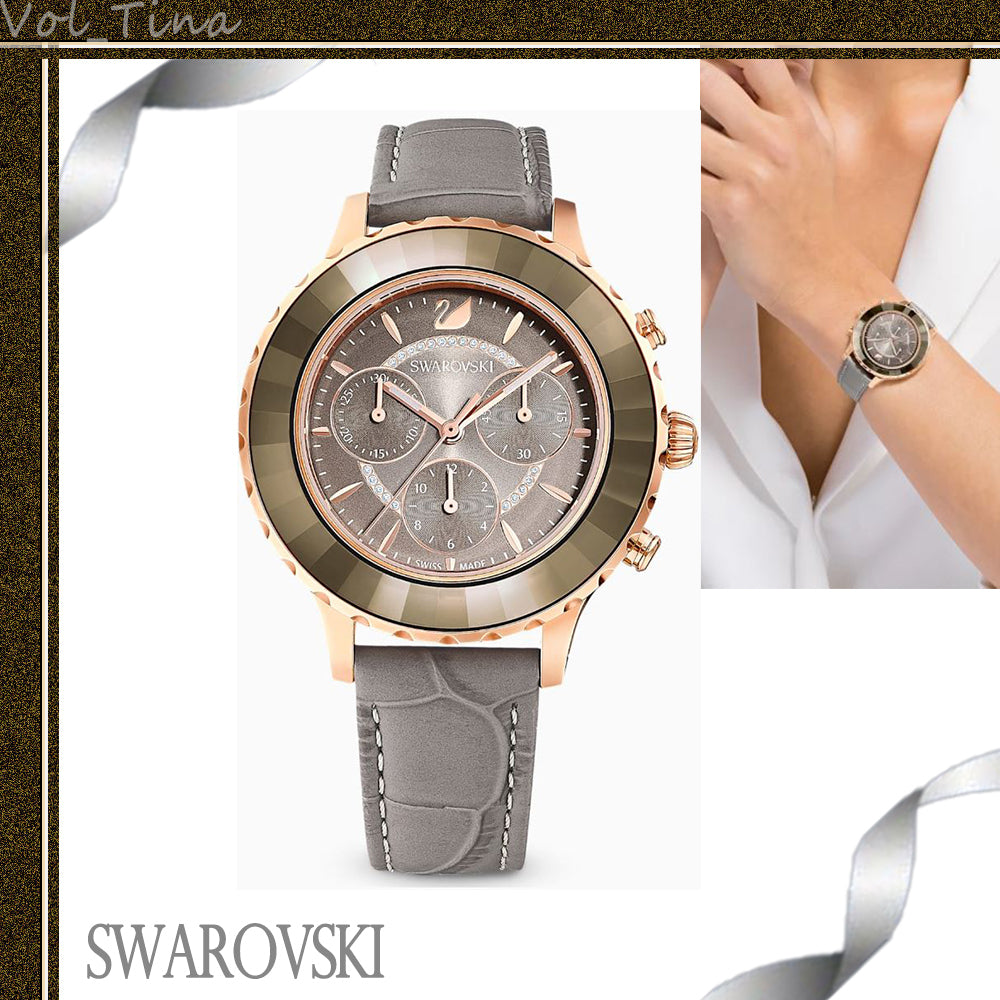 Swarovski Octea Lux Chrono Grey Dial Grey Leather Strap Watch for Women - 5452495