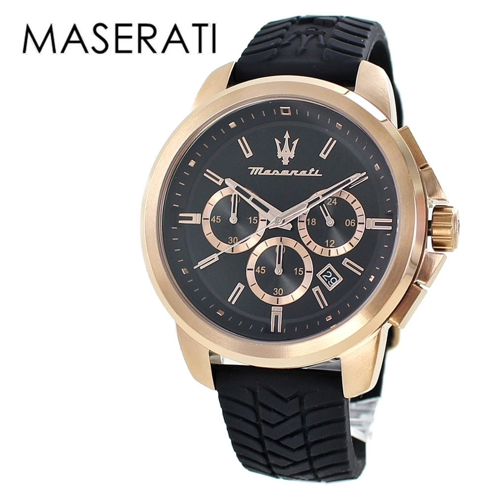 Maserati Successo 44mm Black Rose Gold Dial Black Rubber Strap Watch For Men - R8871621012