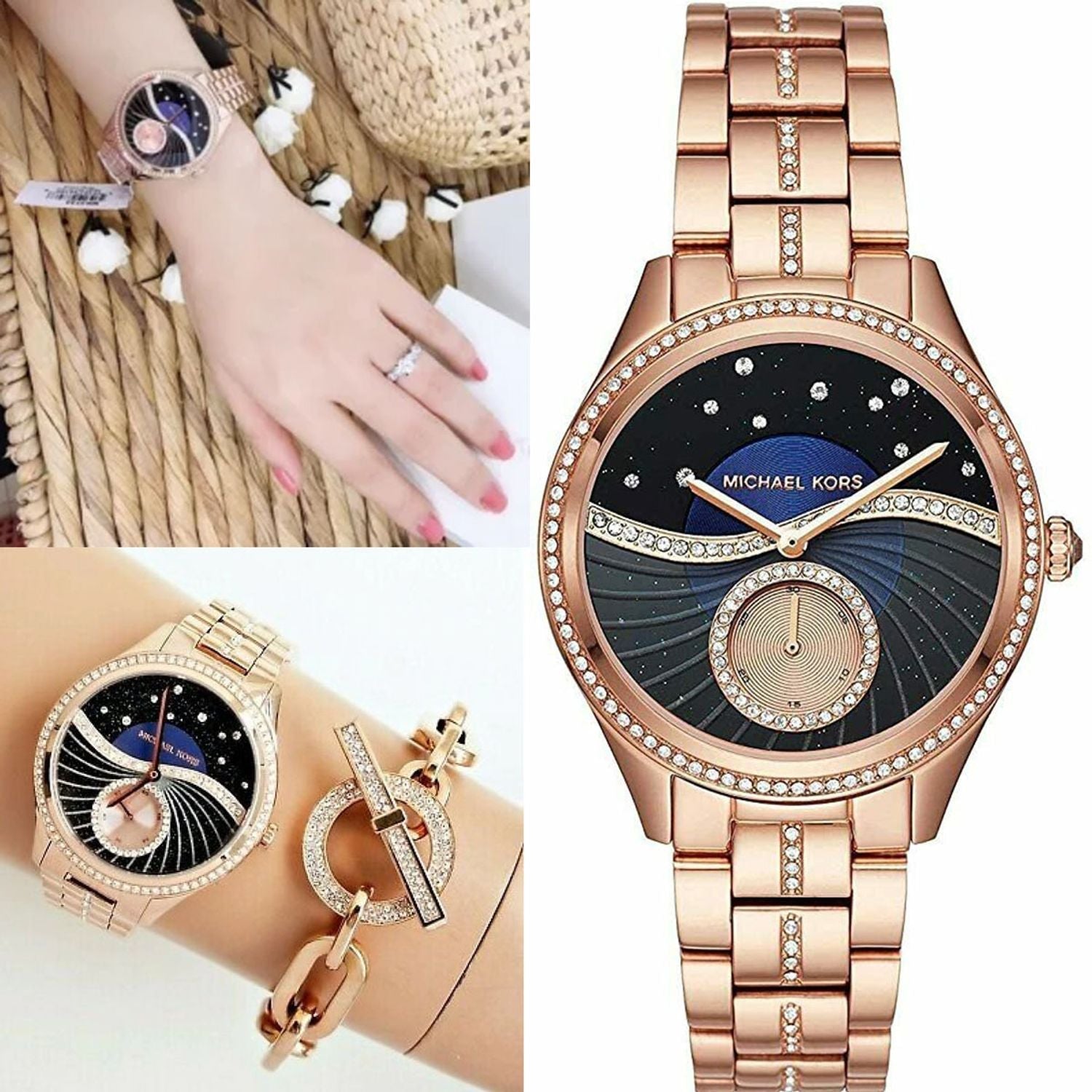 Michael Kors Lauryn Blue Dial Rose Gold Steel Strap Watch for Women - MK3723