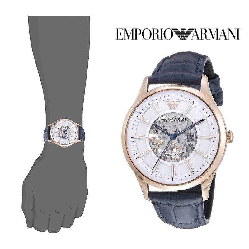 Emporio Armani Meccanico Automatic White Dial Blue Leather Strap Watch For Men - AR1947