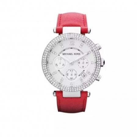 Michael Kors Parker Silver Dial Red Leather Strap Watch for Women - MK2278