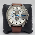 Diesel Mega Chief White Dial Brown Leather Strap Watch For Men - DZ4280