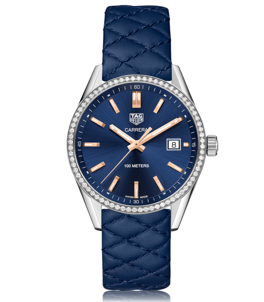 Tag Heuer Carrera Quartz 39mm Diamond Blue Dial Blue Leather Strap Watch for Women - WAR1114.FC6391