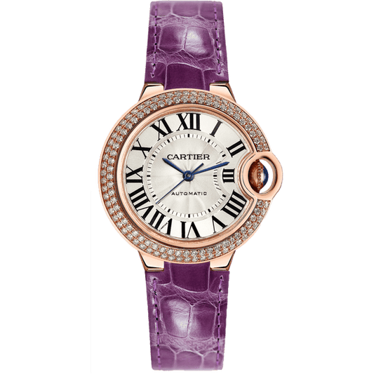Cartier Ballon Blue De Cartier Diamonds Silver Dial Purple Leather Strap Watch for Women - WJBB0051