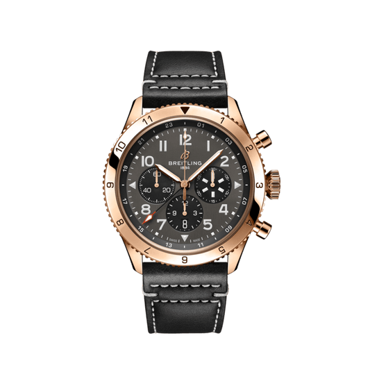 Breitling Super Avi B04 Chronograph GMT 46 P-51 Mustang Grey Dial Black Leather Strap Watch for Men - RB04451A1B1X1