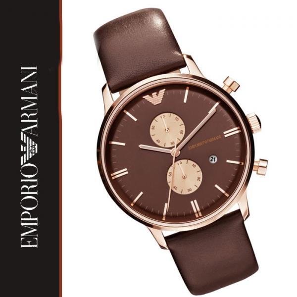 Emporio Armani Classic Chronograph Brown Dial Brown Leather Strap Watch For Men - AR0387