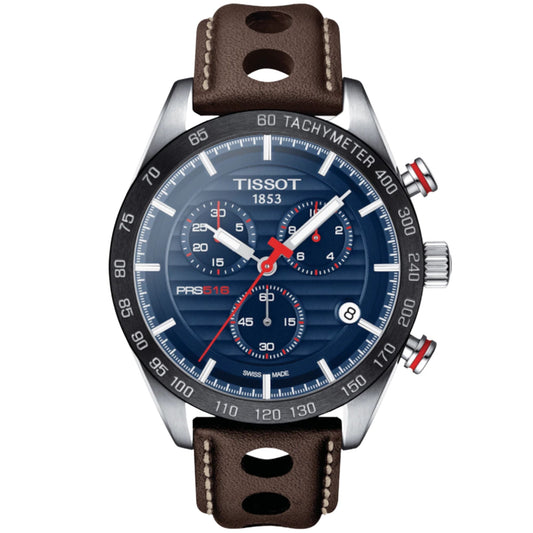 Tissot PRS 516 Chronograph Blue Dial Brown Leather Strap Watch For Men - T100.417.16.041.00