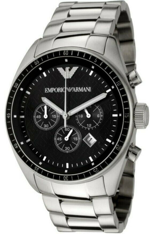 Emporio Armani Sportivo Chronograph Black Dial Silver Steel Strap Watch For Men - AR0585