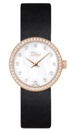 Dior La D De Dior Mother of Pearl Diamonds White Dial Black Leather Strap Watch for Women - CD047170A001 0000