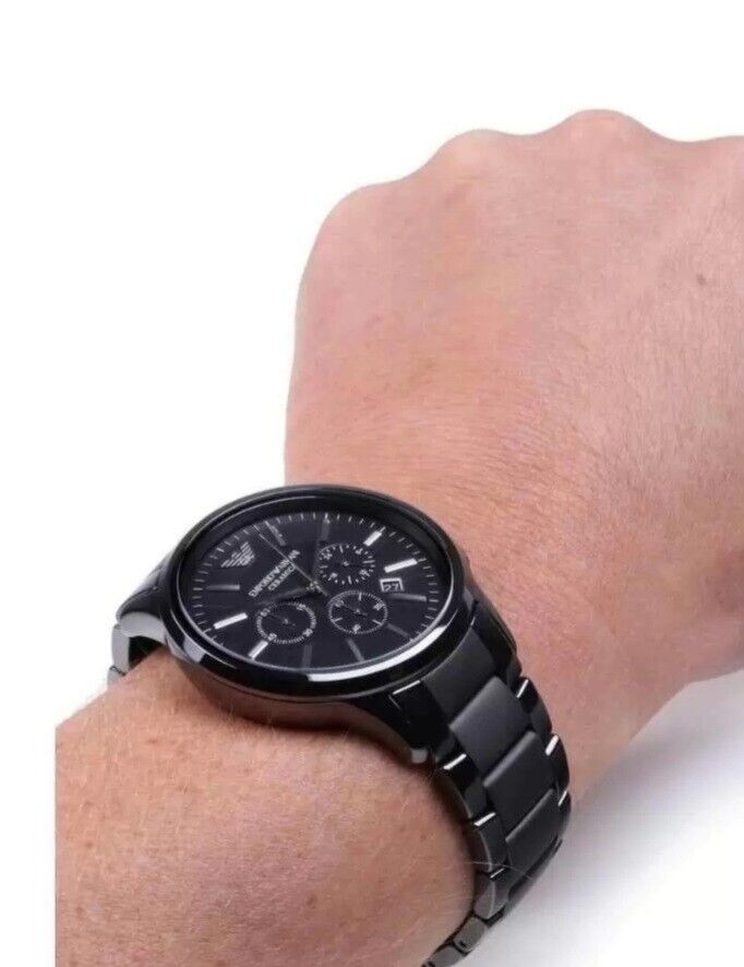 Emporio Armani Ceramica Chronograph Black Dial Black Steel Strap Watch For Men - AR1451