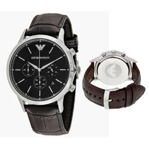 Emporio Armani Renato Chronograph Black Dial Brown Leather Strap Watch For Men - AR2482