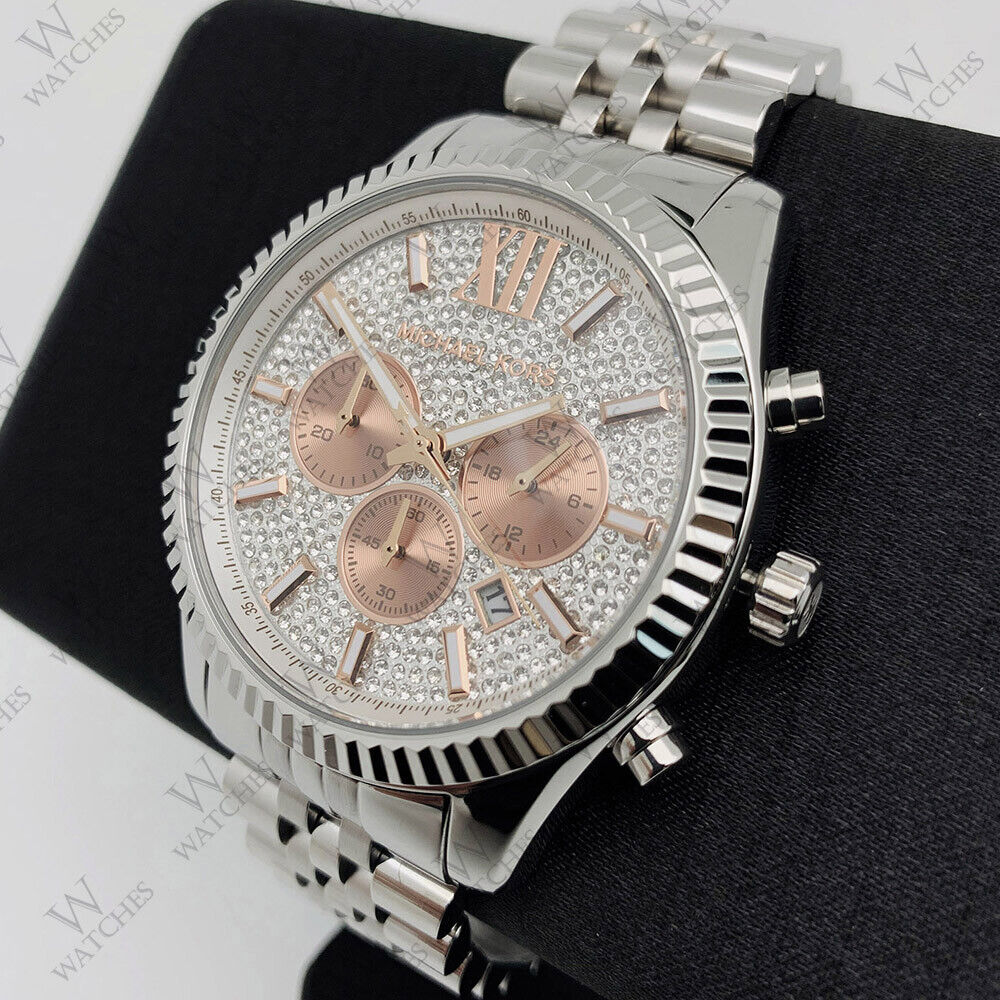 Michael Kors Lexington Chronograph Silver Dial Silver Steel Strap Watch for Men - MK8515