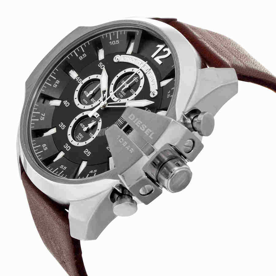 Diesel Mega Chief Black Dial Brown Leather Strap Watch For Men - DZ4290