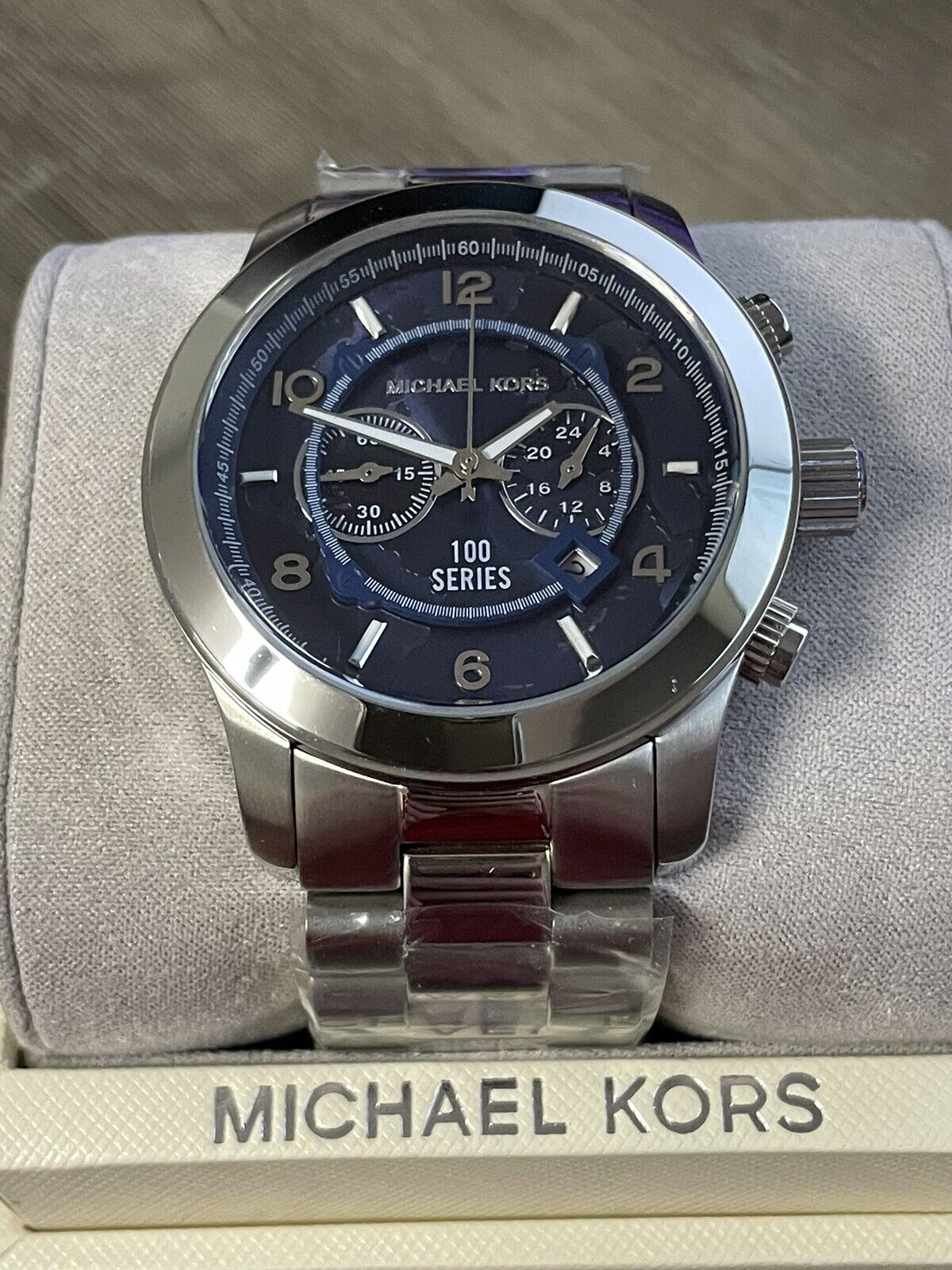 Michael Kors Stop Hunger Chronograph Blue Dial Silver Steel Strap Watch for Men - MK8314