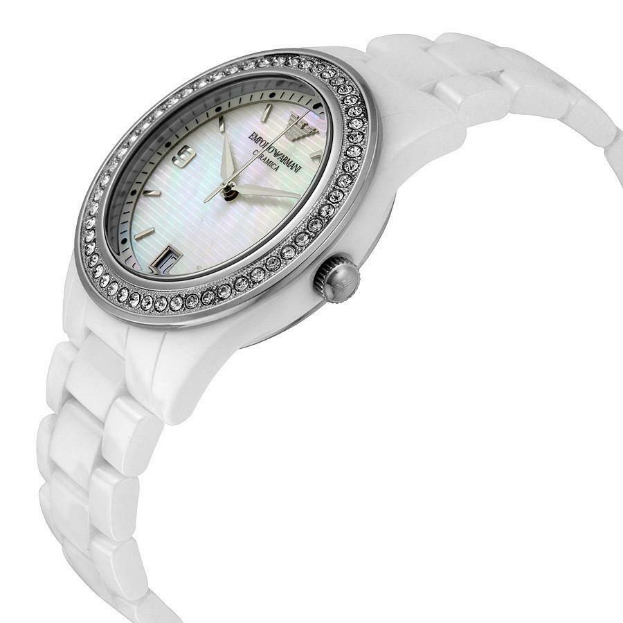 Emporio Armani Ceramica White Mother of Pearl Dial White Steel Strap Watch For Women - AR1426